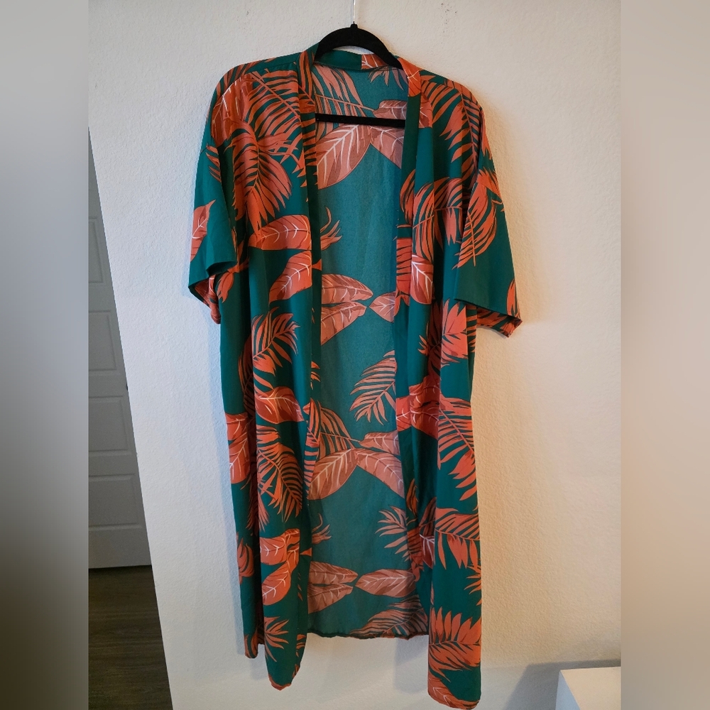 Hawaiian Tropical Leaf Pattern Kimono & Shorts Set (w/pockets) Green & Orange